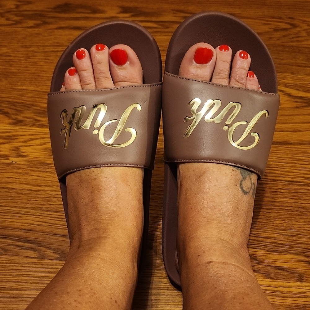 PINK Victoria's Secret Brown and Gold Slide Slippers